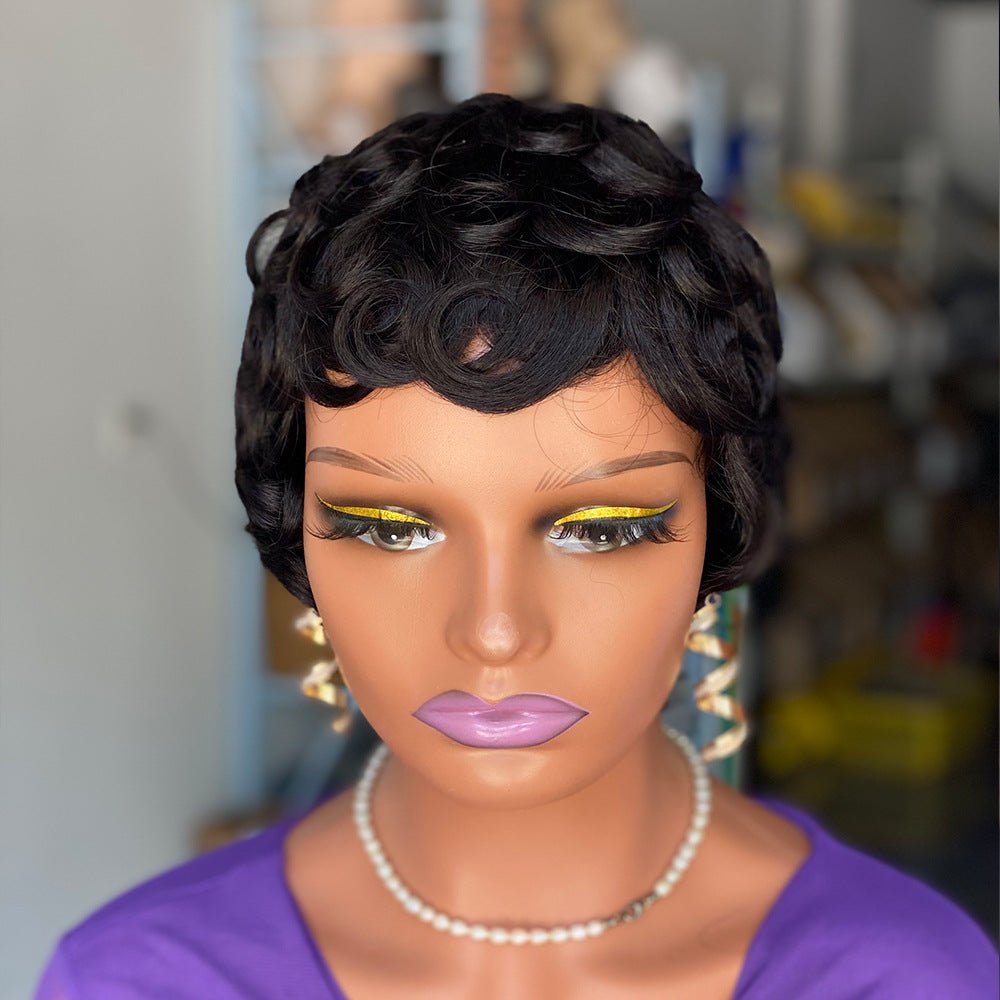 Vintage Curly Short Human Hair Wig - Natural Black - WigWonders