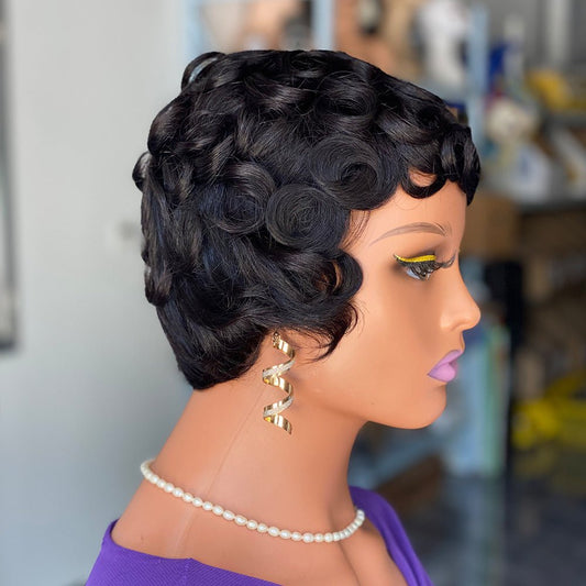 Vintage Curly Short Human Hair Wig - Natural Black - WigWonders