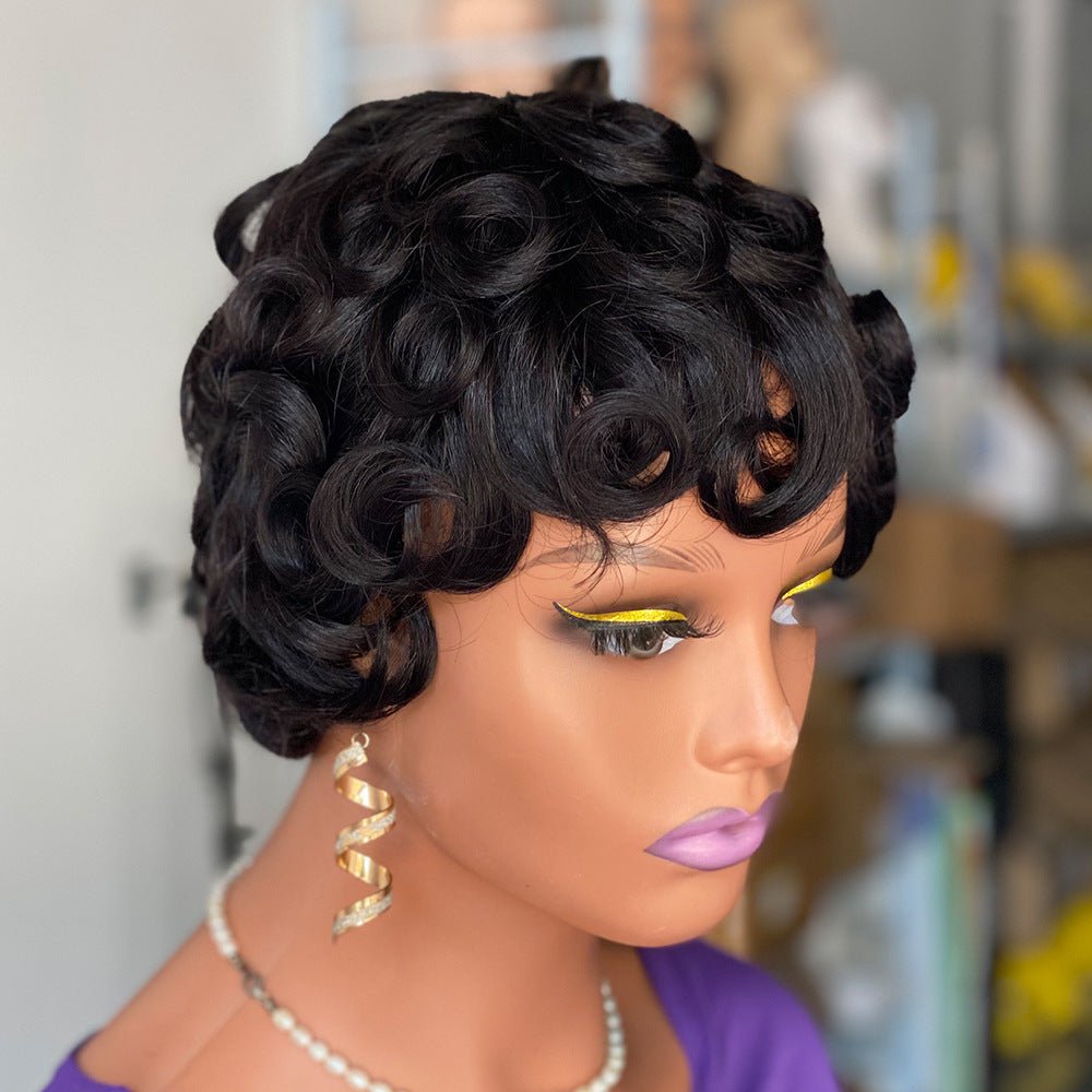Vintage Curly Short Human Hair Wig - Natural Black - WigWonders