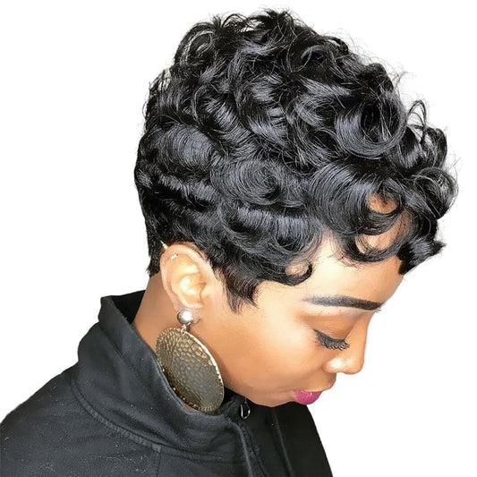Vintage Curly Short Human Hair Wig - Natural Black - WigWonders