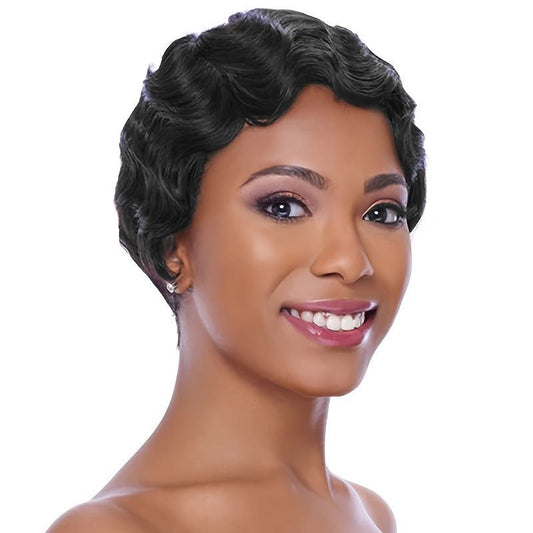 Vintage Finger Wave Human Hair Wig Short Pixie Cut Black - WigWonders