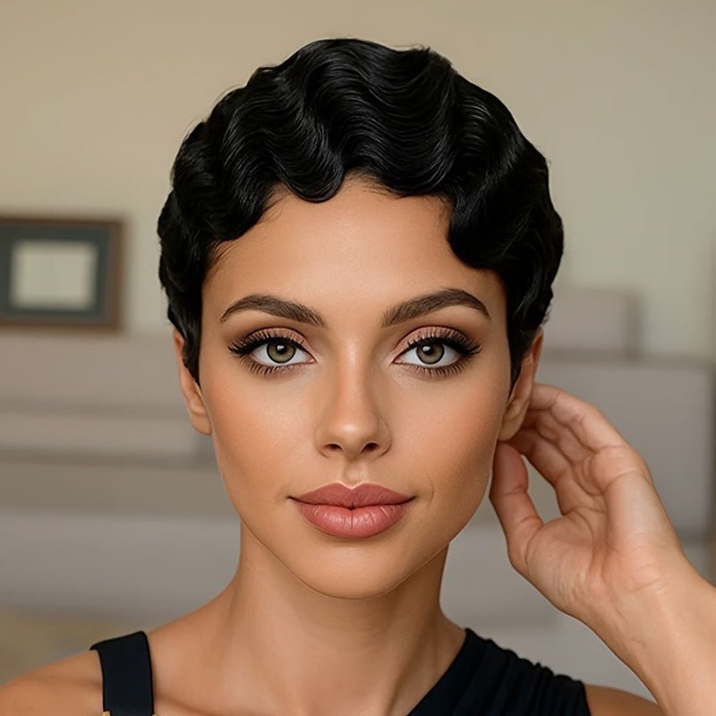 Vintage Finger Wave Human Hair Wig Short Pixie Cut Black - WigWonders